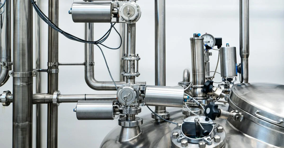Gros plan sur des machines et des tuyaux en acier inoxydable dans un cadre industriel, mettant en valeur l'ingénierie moderne.